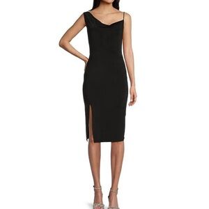 Next Up One Shoulder Cowl Neck Side Slit Midi Dress, Black, Sz 11 NWT